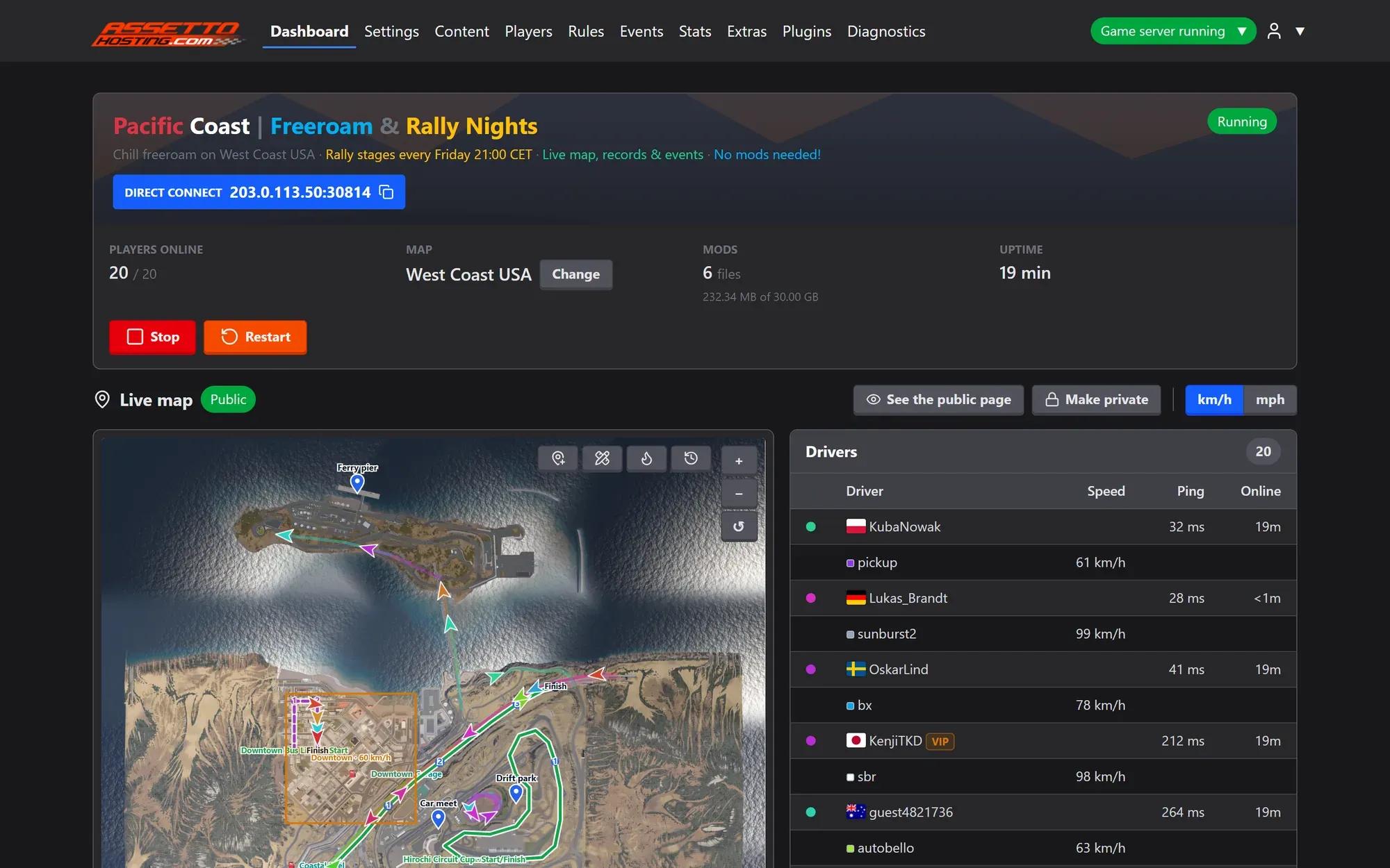 BeamMP Server Manager dashboard with the server card, direct connect address and Copy button, map, mods, Stop and Restart, and the live map with the drivers list