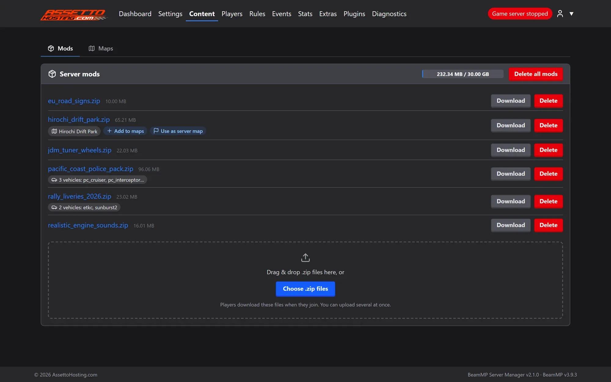 BeamMP Server Manager mods page with uploaded mod zips, what each one holds, space used of the plan and drag-and-drop upload