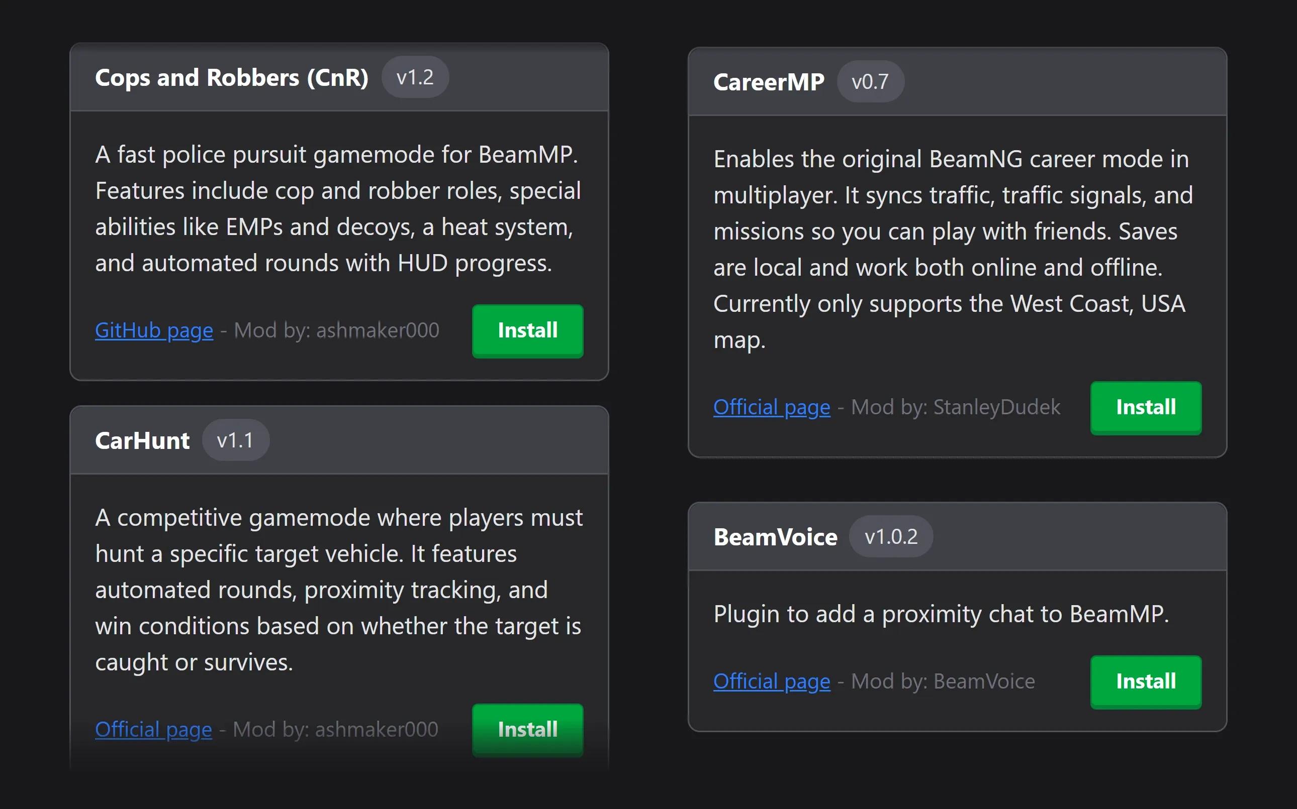 BeamMP plugin catalog with Cops and Robbers, CarHunt, CareerMP and BeamVoice and their Install buttons