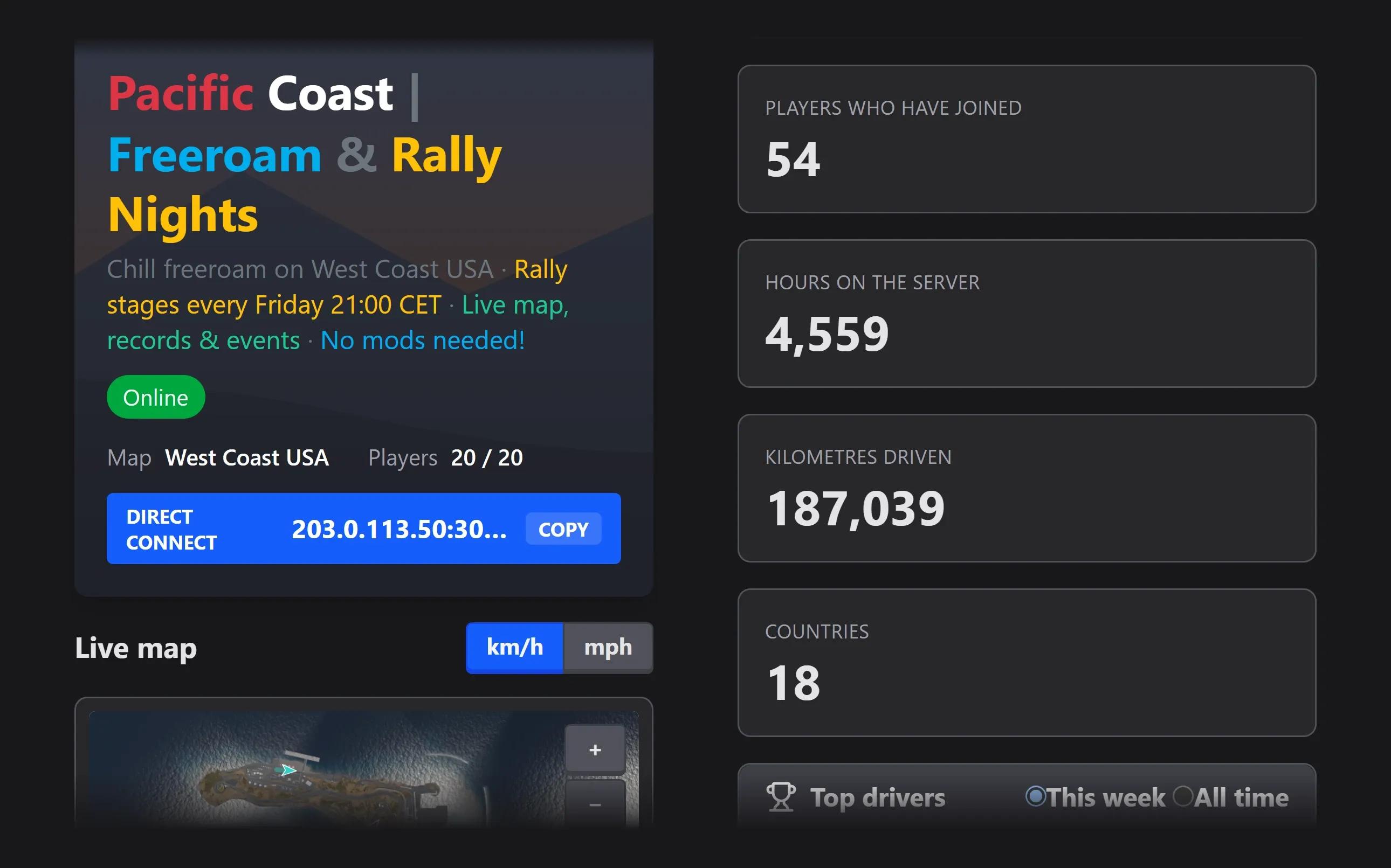 Public web page of a BeamMP server with its name in colour, players online, direct connect and live map
