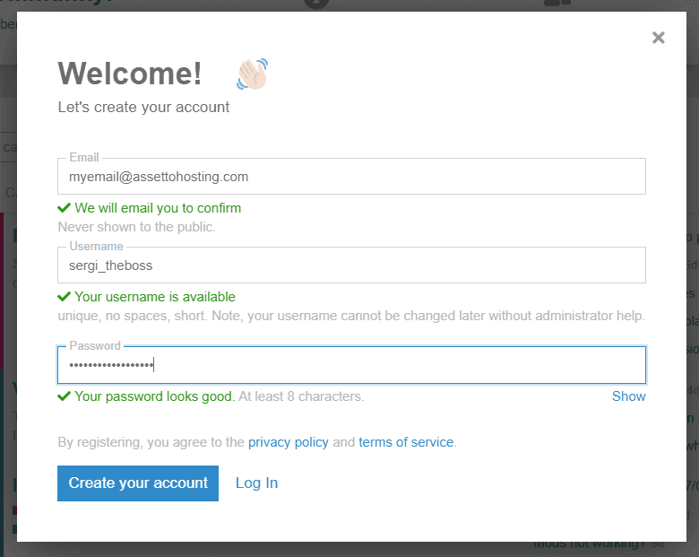 BeamMP forum sign-up page to create a BeamMP account
